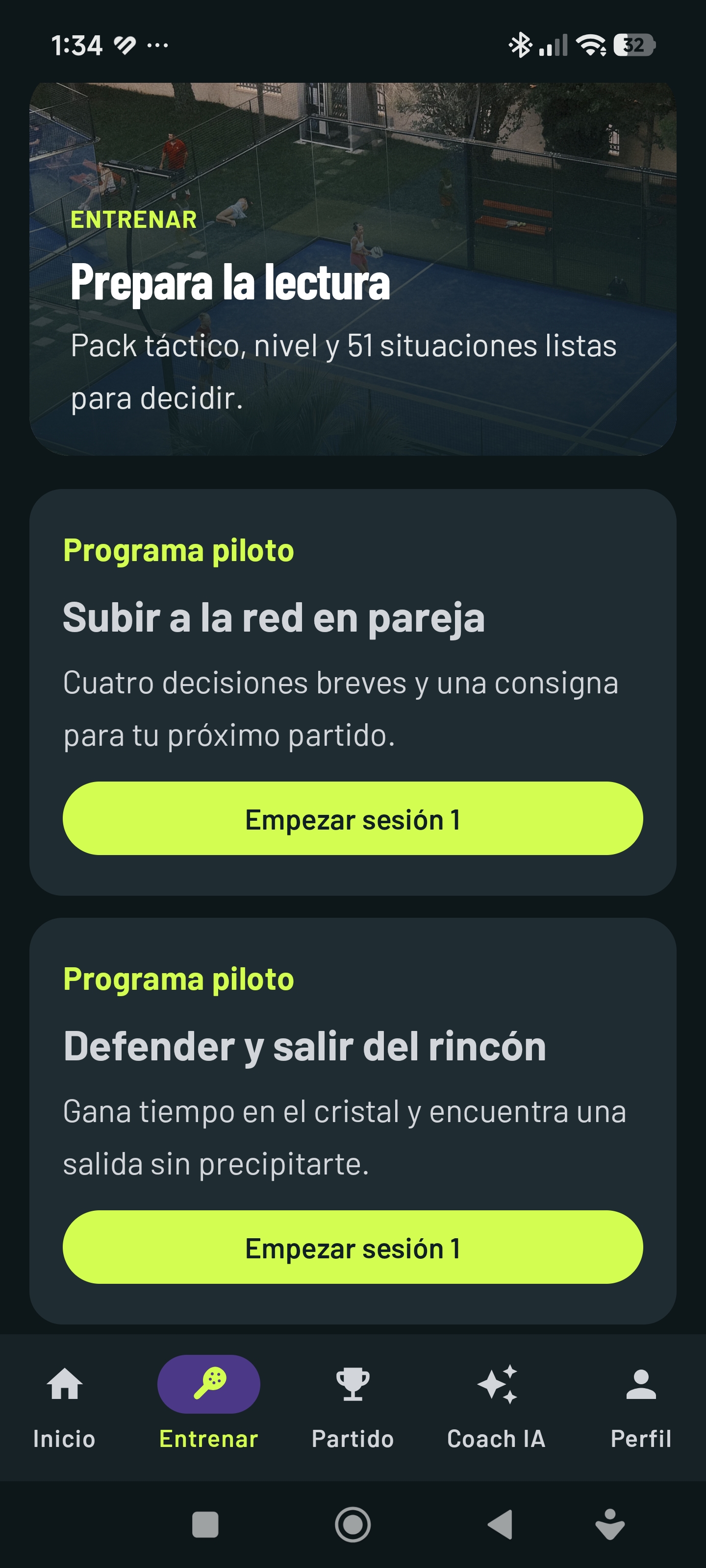 Pantalla de Entrenar de Padel Simulator
