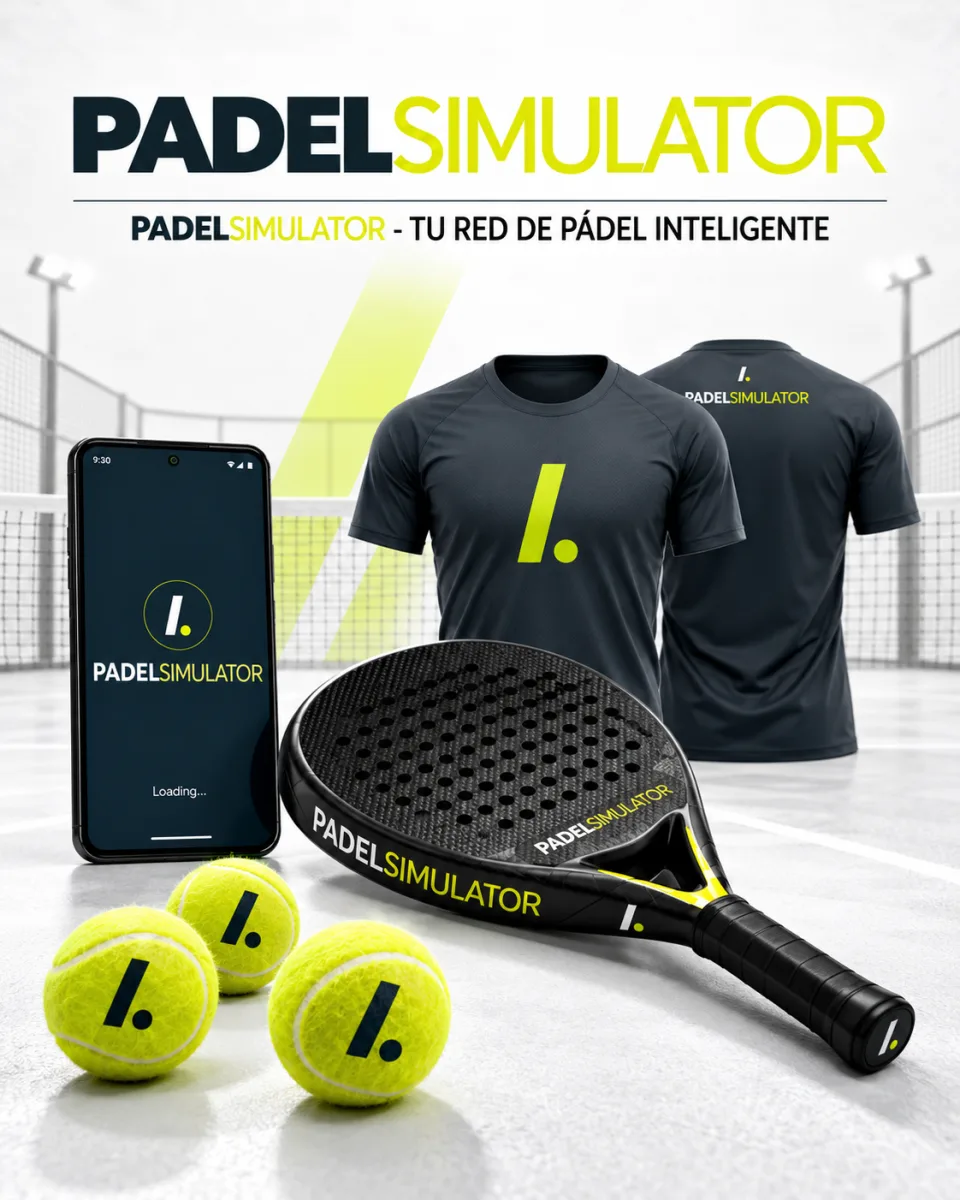 Presentación visual de Padel Simulator con aplicación, pala, equipación y pelotas